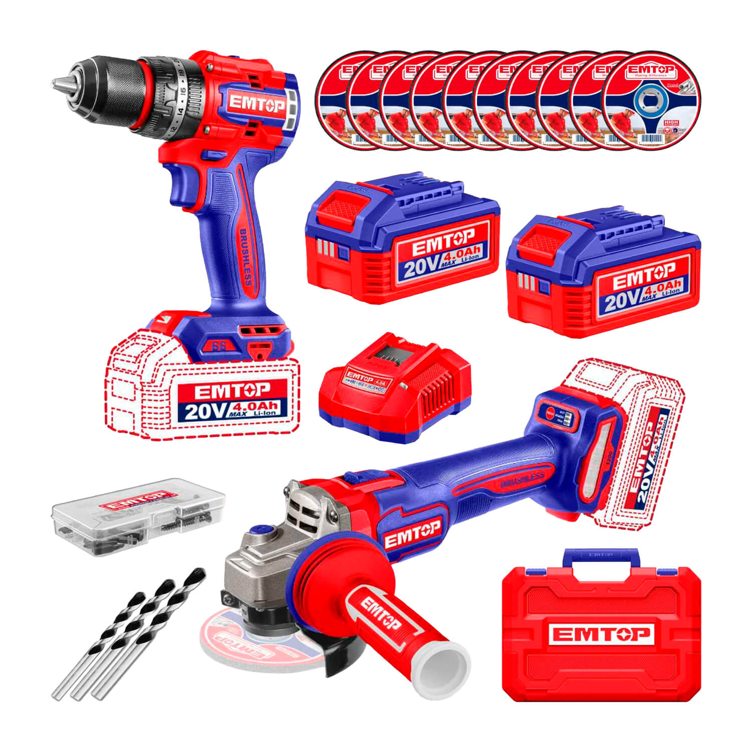 Kit 2 Em 1 Sem Fio Emtop Furadeira e Parafusadeira de Impacto 20v 66n.m Esmerilhadeira 1200w 
