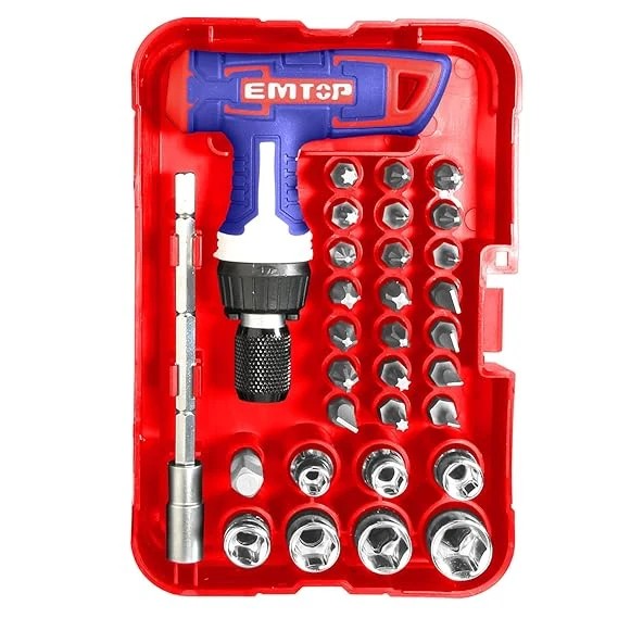 JOGO DE CHAVE TIPO T COM BITS E SOQUETES EMTOP CROMO VANADIO C/ 31 PCS- EMTOP